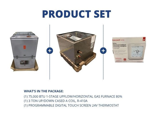 75,000 BTU 1-Stg Upflow/Horizontal Gas Furnace 80%, 3 Ton Up/Down Cased A Coil with 24V Thermostat