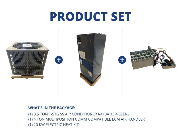 3.5 Ton 1-Stg SS AC R410A 13.4 SEER2 and 4 Ton Multi Comm Compatible Air Handler with 20 kW Heat Kit