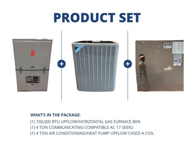 100,000 BTU Up/Horz Gas Furnace 80%, 4 Ton Comm Comp AC 17 SEER2 and 4 Ton AC/HP Upflow Cased A Coil