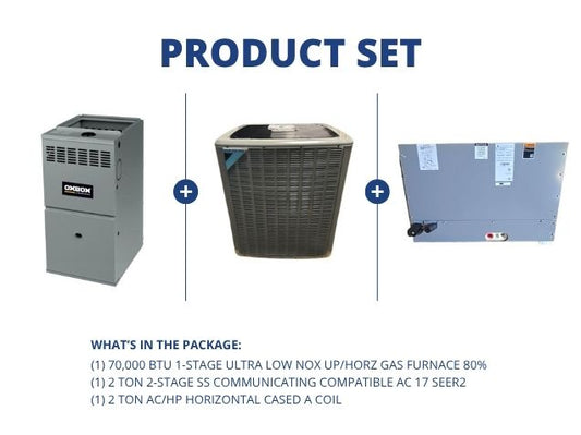 70,000 BTU Ultra Low NOx Up/Horz Gas Furnace 80%, 2 Ton Comm Comp AC 17 SEER2, 2 Ton Horz Cased Coil
