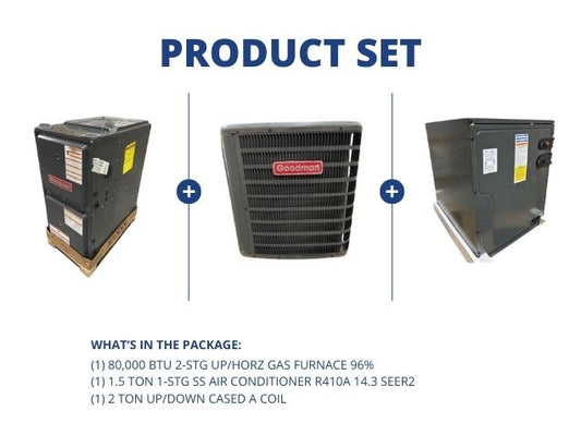 80,000 BTU 2-Stg Up/Horz Gas Furnace 96%, 1.5 Ton SS AC 14.3 SEER2 with 2 Ton Up/Down Cased A Coil