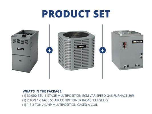 60,000 BTU Multi ECM Gas Furnace 80%, 2 Ton 1-Stg SS AC R454B 13.4 SEER2, 1.5-3 Ton Multi Cased Coil