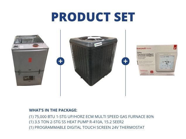 75,000 BTU 1-Stg Up/Horz Gas Furnace 80%, 3.5 Ton 2-Stg SS HP R410A 15.2 SEER2 and 24V Thermostat