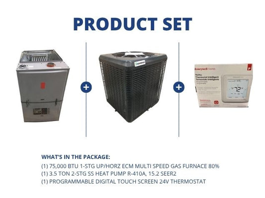 75,000 BTU 1-Stg Up/Horz Gas Furnace 80%, 3.5 Ton 2-Stg SS HP R410A 15.2 SEER2 and 24V Thermostat