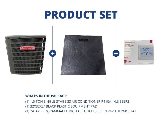 1.5 Ton 1-Stg SS Air Conditioner R410A 14.3 SEER2, 32x32x2" Black Plastic Equipment Pad, Thermostat