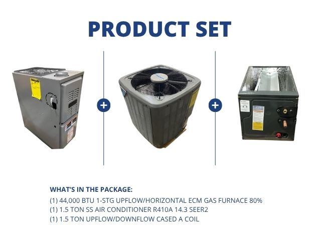 44,000 BTU Up/Horz Gas Furnace 80%, 1.5 Ton SS AC R410A 14.3 SEER2 and 1.5 Ton Up/Down Cased A Coil