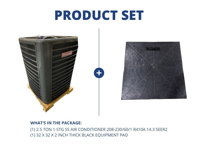 2.5 Ton 1-Stg SS Air Conditioner 208-230/60/1 R410A 14.3 SEER2 and 32 x 32 x 2 " Black Equipment Pad