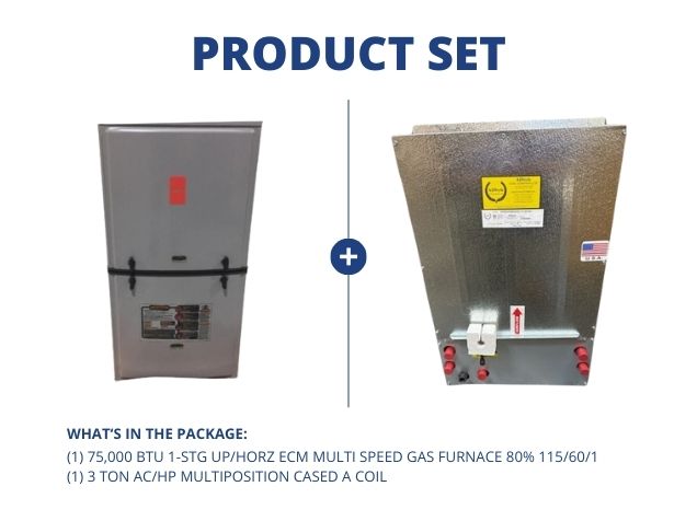 75,000 BTU 1-Stg Up/Horz ECM Multi Speed Gas Furnace 80% with 3 Ton AC/HP Multiposition Cased A Coil