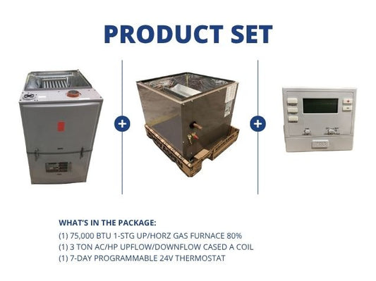 75,000 BTU 1-Stg Up/Horz Gas Furnace 80%, 3 Ton AC/HP Upflow/Downflow Cased Coil with 24V Thermostat