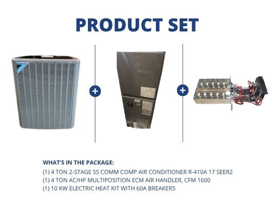 4 Ton 2-Stg Comm Comp AC 17 SEER2, 4 Ton ECM Multiposition Air Handler and 10 kW Heat w/ 60A Breaker