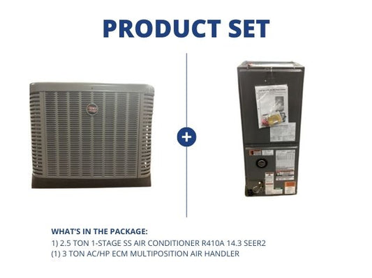 2.5 Ton 1-Stage SS Air Conditioner R410A 14.3 SEER2 with 3 Ton AC/HP ECM Multiposition Air Handler