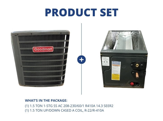 1.5 Ton 1-Stg SS AC 208-230/60/1 R410A 14.3 SEER2 with 1.5 Ton Up/Down Cased A Coil, R-22/R-410A