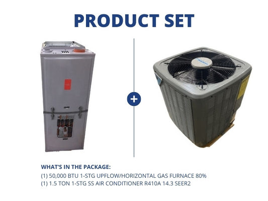 50,000 BTU 1-Stg Up/Horz Gas Furnace 80% with 1.5 Ton 1-Stg SS Air Conditioner R410A 14.3 SEER2