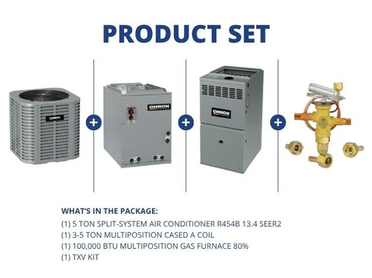 5 Ton SS AC R454B 13.4 SEER2, 3-5 Ton Multi Cased A Coil, 100,000 BTU Multi Gas Furnace 80% W/ TXV
