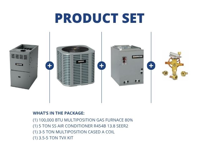 100,000 BTU Multi Gas Furnace 80%, 5 Ton SS AC R454B 13.8 SEER2, 3-5 Ton Multi Cased A Coil with TXV