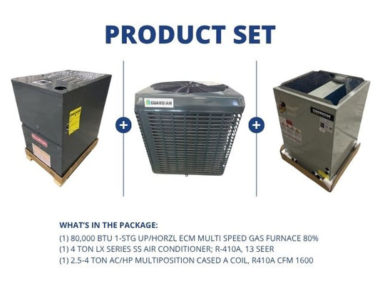80,000 BTU Up/Horz ECM Gas Furnace 80%, 4 Ton SS AC R-410A 13 SEER and 2.5-4 Ton Multi Cased A Coil