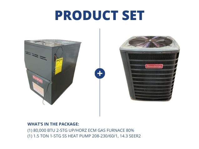 80,000 BTU 2-Stg Up/Horz ECM Gas Furnace 80% and 1.5 Ton 1-Stg SS Heat Pump 208-230/60/1, 14.3 SEER2
