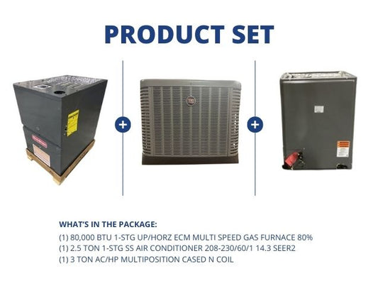 80,000 BTU Up/Horz ECM Multi Gas Furnace 80%, 2.5 Ton SS AC 14.3 SEER2 with 3 Ton Multi Cased N Coil