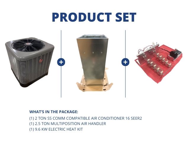 2 Ton SS Comm Compatible AC 16 SEER2, 2.5 Ton Multiposition Air Handler and 9.6 KW Electric Heat Kit