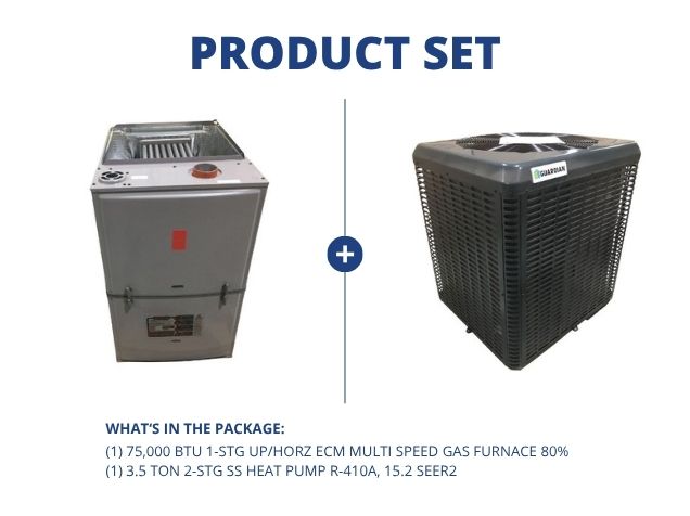 75,000 BTU 1-Stg Up/Horz ECM Multi Speed Gas Furnace 80% with 3.5 Ton 2-Stg SS HP R-410A, 15.2 SEER2