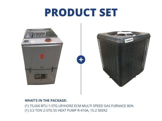 75,000 BTU 1-Stg Up/Horz ECM Multi Speed Gas Furnace 80% with 3.5 Ton 2-Stg SS HP R-410A, 15.2 SEER2