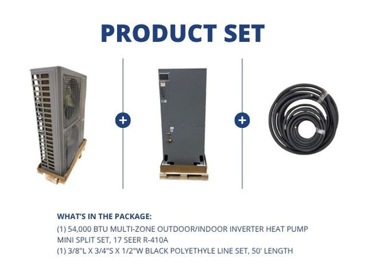 54,000 BTU Multi-Zone Outdoor/Indoor Inverter Heat Pump Mini Split Set, 17 SEER R-410A with Line Set