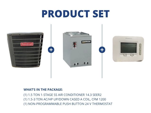 1.5 Ton 1-Stg SS Air Conditioner 14.3 SEER2, 1.5-3 Ton AC/HP Up/Down Cased A Coil and 24V Thermostat