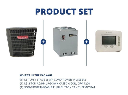 1.5 Ton 1-Stg SS Air Conditioner 14.3 SEER2, 1.5-3 Ton AC/HP Up/Down Cased A Coil and 24V Thermostat