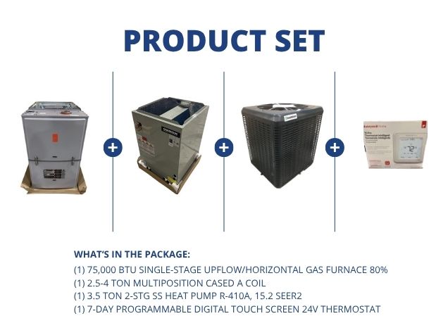 75,000 BTU Up/Horz Gas Furnace 80%, 2.5-4 Ton Multi A Coil, 3.5 Ton HP 15.2 SEER2 and 24V Thermostat