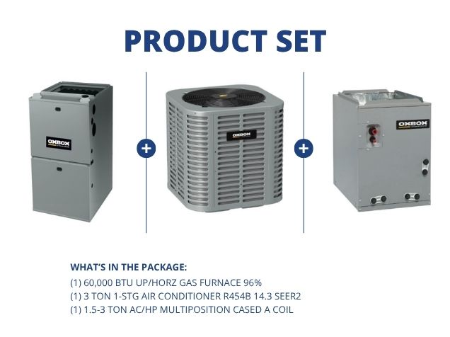 60,000 BTU Up/Horz Gas Furnace 96%, 3 Ton 1-Stg AC R454B 14.3 SEER2 and 1.5-3 Ton Multi Cased A Coil