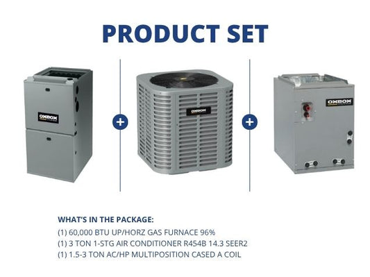 60,000 BTU Up/Horz Gas Furnace 96%, 3 Ton 1-Stg AC R454B 14.3 SEER2 and 1.5-3 Ton Multi Cased A Coil