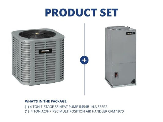 4 Ton 1-Stage SS Heat Pump R454B 14.3 SEER2 with 4 Ton AC/HP PSC Multiposition Air Handler CFM 1970