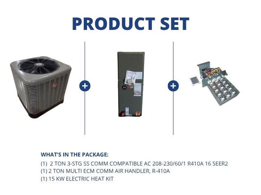 2 Ton SS Comm Compatible AC 16 SEER2, 2 Ton ECM Comm Air Handler R-410A and 15 kW Electric Heat Kit