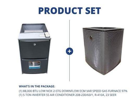 88,000 BTU Low NOx 2-Stg Downflow ECM Var Spd Gas Furnace 97% and 5 Ton Inverter SS AC R410A 23 SEER