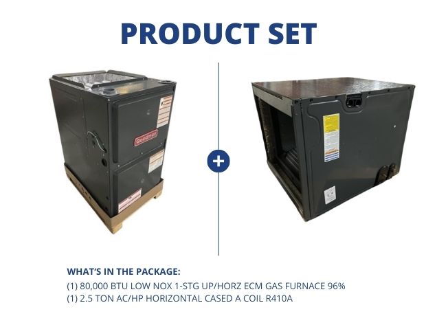 80,000 BTU Low NOx 1-Stg Up/Horz ECM Gas Furnace 96% and 2.5 Ton AC/HP Horizontal Cased A Coil R410A