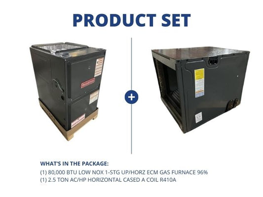 80,000 BTU Low NOx 1-Stg Up/Horz ECM Gas Furnace 96% and 2.5 Ton AC/HP Horizontal Cased A Coil R410A