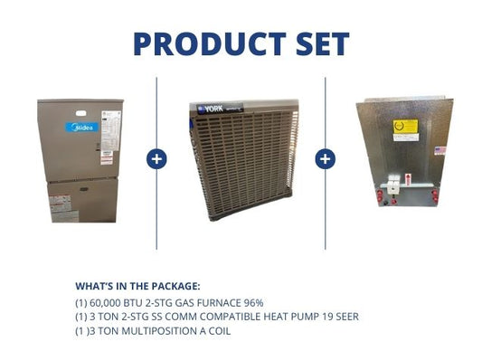 60,000 BTU 2-Stg Gas Furnace 96%, 3 Ton 2-Stg SS Comm Compatible HP 19 SEER and 3 Ton Multi A Coil