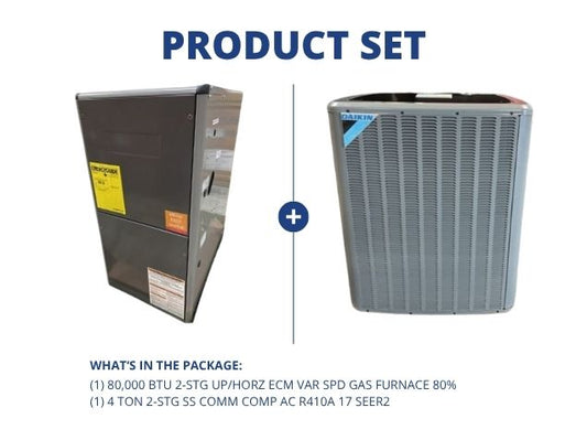 80,000 BTU 2-Stg Up/Horz ECM Var Spd Gas Furnace 80% with 4 Ton 2-Stg SS Comm Comp AC R410A 17 SEER2