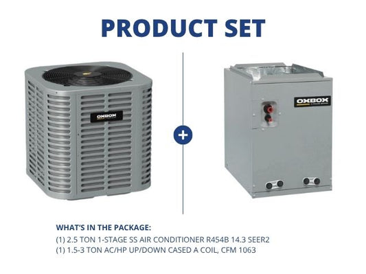2.5 Ton 1-Stg SS Air Conditioner R454B 14.3 SEER2 and 1.5-3 Ton AC/HP Up/Down Cased A Coil, CFM 1063