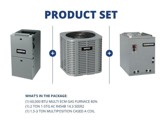 60,000 BTU Multi ECM Gas Furnace 80%, 2 Ton 1-Stg AC R454B 14.3 SEER2, 1.5-3 Ton Multi Cased A Coil