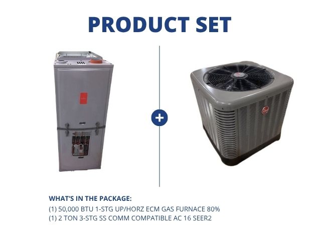 50,000 BTU 1-Stg Up/Horz ECM Gas Furnace 80% with 2 Ton 3-Stg SS Comm Compatible AC R410A 16 SEER2