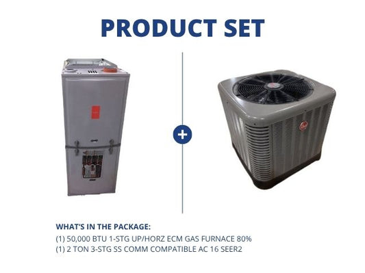 50,000 BTU 1-Stg Up/Horz ECM Gas Furnace 80% with 2 Ton 3-Stg SS Comm Compatible AC R410A 16 SEER2
