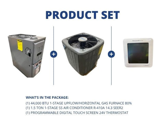 44,000 BTU 1-Stg Up/Horz Gas Furnace 80%, 1.5 Ton 1-Stg SS AC R-410A 14.3 SEER2 with 24V Thermostat
