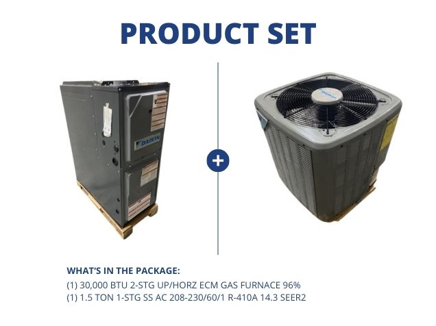 30,000 BTU 2-Stg Up/Horz ECM Gas Furnace 96% with 1.5 Ton 1-Stg SS AC 208-230/60/1 R-410A 14.3 SEER2