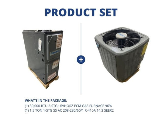 30,000 BTU 2-Stg Up/Horz ECM Gas Furnace 96% with 1.5 Ton 1-Stg SS AC 208-230/60/1 R-410A 14.3 SEER2