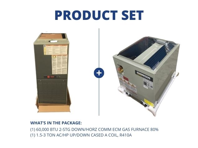 60,000 BTU 2-Stg Down/Horz Comm ECM Gas Furnace 80% with 1.5-3 Ton AC/HP Up/Down Cased A Coil, R410A