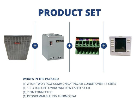 2 Ton 2-Stg SS Comm AC 17 SEER2, 1.5-3 Ton Up/Down Cased A Coil, 7 Pin Connector and 24V Thermostat
