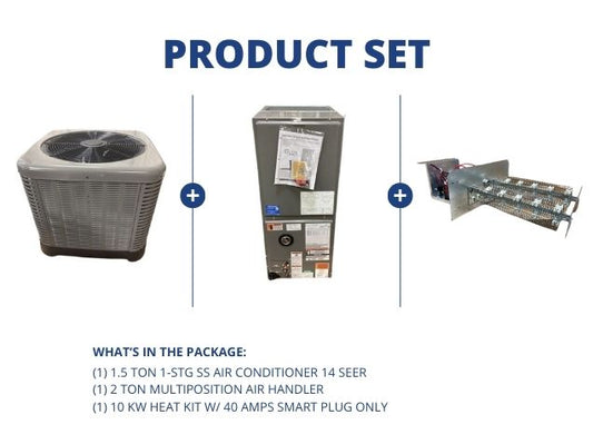 1.5 Ton 1-Stg SS AC 14.3 SEER2, 2 Ton Multiposition Air Handler with 10Kw Heat, 40A Smart Plug Only