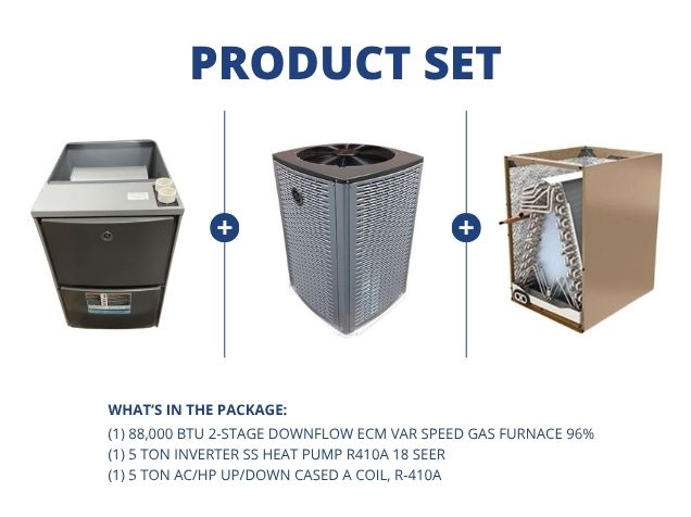 88,000 BTU 2-Stg Down Gas Furnace 96%, 5 Ton Inverter SS HP R410A 18 SEER, 5 Ton Up/Down Cased Coil