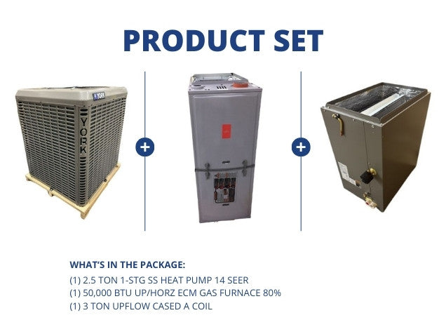 2.5 Ton 1-Stg SS HP 14 SEER and 50,000 BTU Up/Horz ECM Gas Furnace 80% and 3 Ton Upflow Cased A Coil